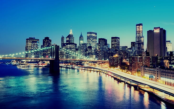 Notte, luci della città, grattacieli, New York, Stati Uniti d'America, ponte in cemento ed edifici, Notte, città, luci, grattacieli, New York, Stati Uniti, Sfondo HD