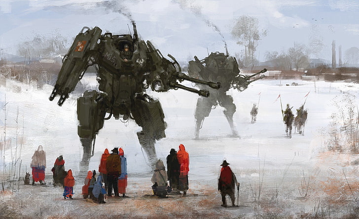 robot na śnieżnym polu malarstwo, grafika, science fiction, malarstwo, Jakub Różalski, 1920, historia alternatywna, Tapety HD