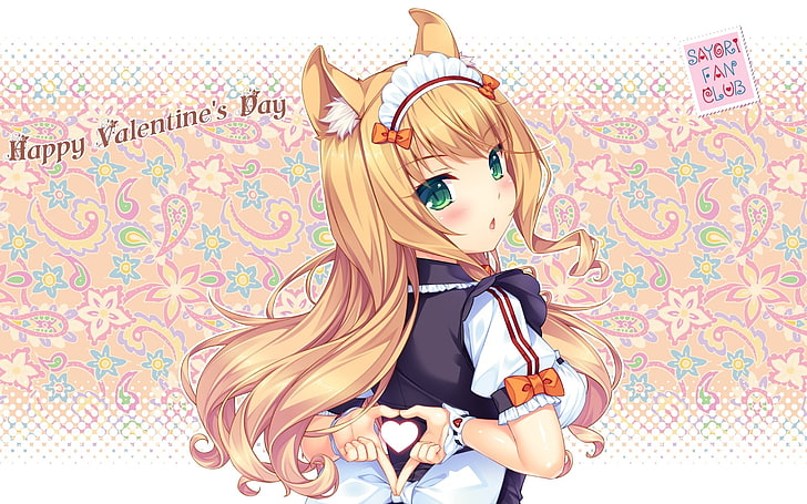 nekopara, maple, valentine's day 2017, blonde, waitress, heart, visual novel, Anime, HD wallpaper