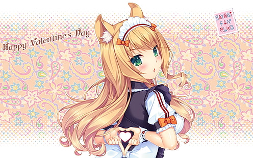 nekopara, maple, valentine's day 2017, blonde, waitress, heart, visual novel, Anime, HD wallpaper HD wallpaper