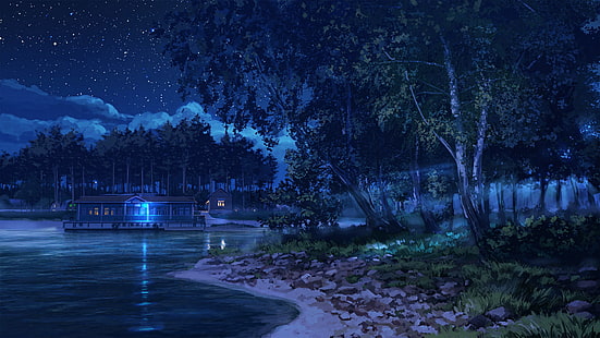 paisagem anime, lago, noite, luz, árvores, estrelas, anime, HD papel de parede HD wallpaper