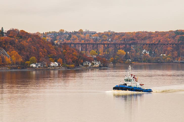 river, bridge, autumn, railway, autumn colors, cloudy, tugboat, HD wallpaper