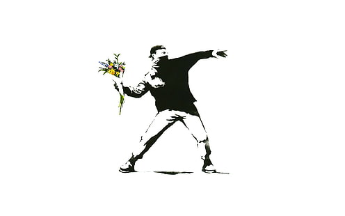 Minimalism, White Background, Artwork, Banksy, Graffiti, Men, Flowers, Selective Coloring, Protestors, minimalism, white background, artwork, banksy, graffiti, men, flowers, selective coloring, protestors, HD wallpaper HD wallpaper