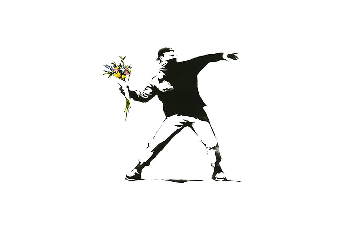 ผู้ชายถือภาพประกอบดอกไม้, ความเรียบง่าย, พื้นหลังสีขาว, Banksy, กราฟฟิตี, ผู้ชาย, ดอกไม้, เลือกสี, ผู้ประท้วง, วอลล์เปเปอร์ HD