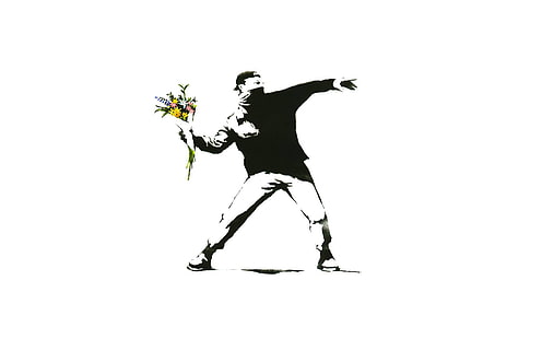 mężczyzna trzymający kwiaty ilustracja, minimalizm, białe tło, Banksy, graffiti, mężczyźni, kwiaty, wybiórcze zabarwienie, protestujący, Tapety HD HD wallpaper