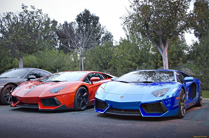 синие и красные машины, суперкар, суперкар, Lamborghini, Lamborghini Aventador, HD обои