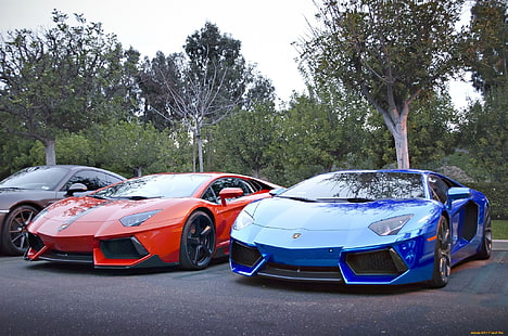 รถยนต์สีน้ำเงินและสีแดงรถยนต์รถหรู Lamborghini, Lamborghini Aventador, วอลล์เปเปอร์ HD HD wallpaper