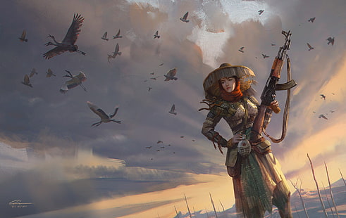 иллюстрация, женщины, воин, солдат, оружие, птицы, фэнтези арт, АК-47, HD обои HD wallpaper