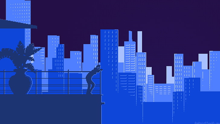 ilustrasi bangunan biru, seni digital, piksel, seni piksel, bangunan, pencakar langit, wanita, balkon, bayangan hitam, Wallpaper HD