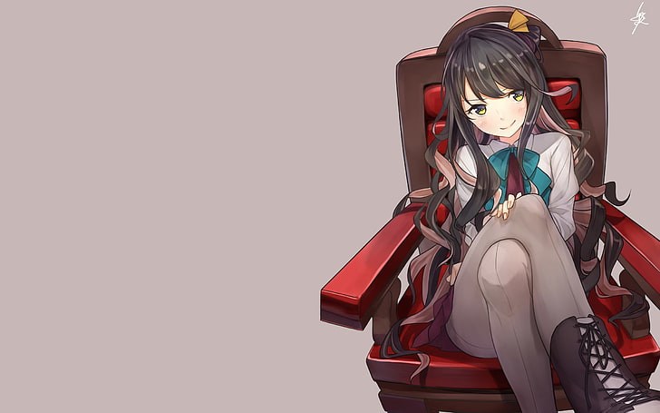 kancolle, naganami, sitting on chair, long hair, Anime, HD wallpaper