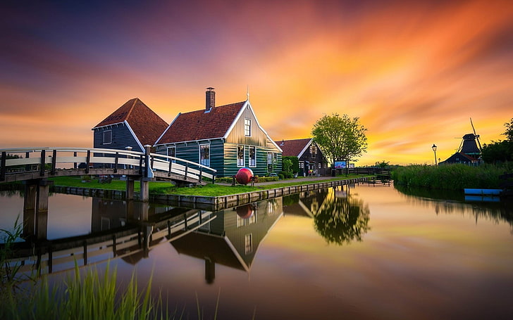 bridge, house, Mill, Netherlands, river, sunset, Zaanse Schans, HD wallpaper
