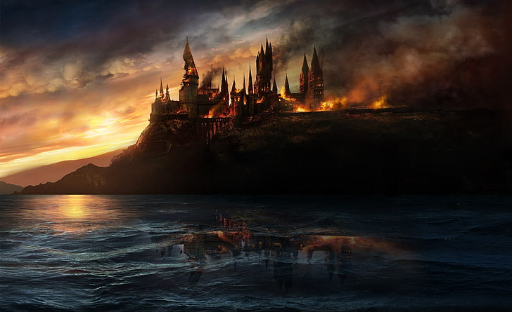 Harry Potter And The Deathly Hallows, castle surrounded by body of water digital wallpaper, Movies, Harry Potter, 2010 movie, harry potter and the deathly hallows, fantasy-adventure film, 2011 movie, last harry potter movie, harry potter and the deathly hallows movie, HD wallpaper