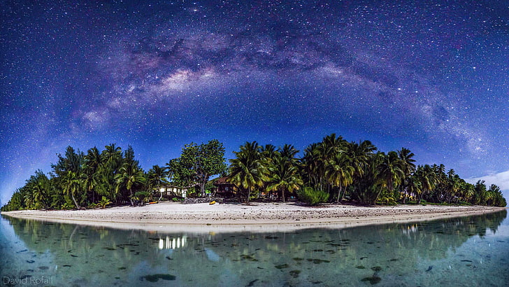 forest between island, Aitutaki, Cook Islands, David Rofall, beach, galaxy, island, Milky Way, HD wallpaper