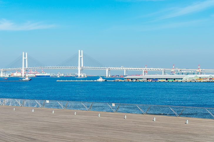 sea, the sky, bridge, the city, ship, home, Japan, Yokohama Bay Bridge, Yokohama, HD wallpaper