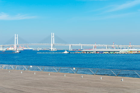 sea, the sky, bridge, the city, ship, home, Japan, Yokohama Bay Bridge, Yokohama, HD wallpaper HD wallpaper