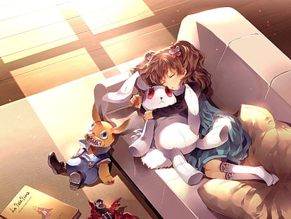 bicho de pelúcia, sofá, menina, dormindo, garotas de anime, Cage (Visual Novel), HD papel de parede HD wallpaper