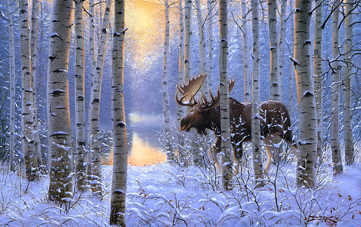 wallpaper moose coklat, musim dingin, hutan, hewan, salju, lukisan, rusa, On the Move, Derk Hansen, Wallpaper HD