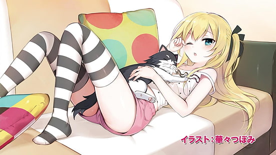 жълтокос женски аниме герой, който държи смокинг котка илюстрация, Joukamachi no глухарче, аниме, аниме момичета, лоли, котка, чорапи, HD тапет HD wallpaper