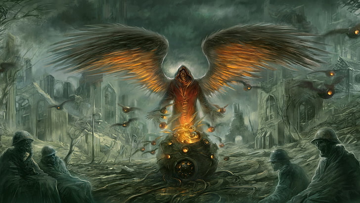 archange avec illustration de soldats, ailes, ange, la ville, soldats, ruines, morts-vivants, chaudière, Fond d'écran HD