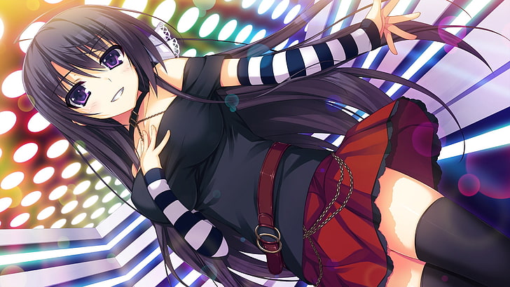 black haired female fictional character wallpaper, anime, anime girls, dark hair, purple eyes, skirt, thigh-highs, HD wallpaper