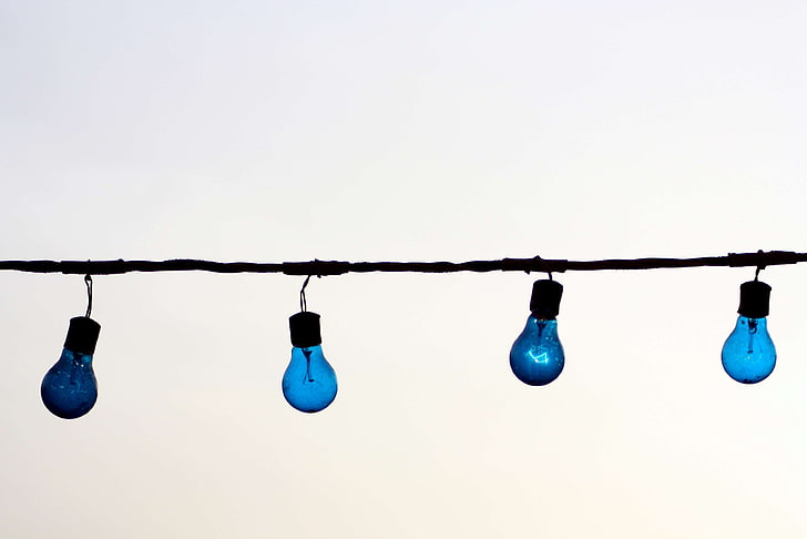 blue, bulbs, idea, light bulbs, lights, wire, HD wallpaper