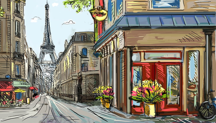Эйфелева башня, Парижская зарисовка, цветы, велосипед, улица, Париж, Эйфелева башня, живопись, HD обои
