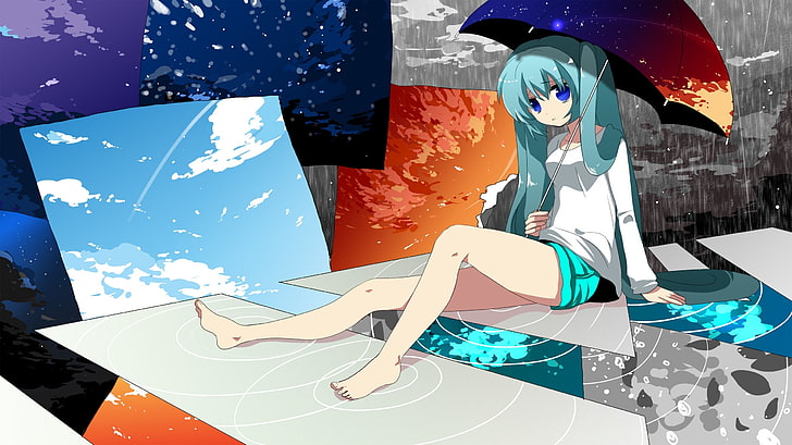 abstract vocaloid stars hatsune miku blue eyes long hair sad barefoot twintails tshirts sitting sho Space Stars HD Art , Abstract, vocaloid, HD wallpaper