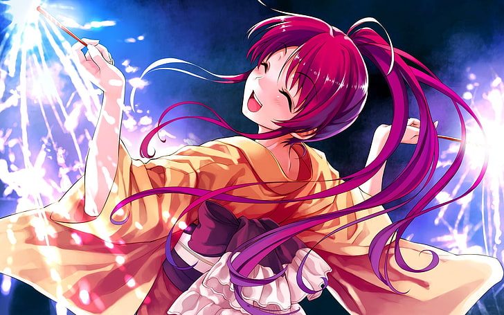 personnage féminin aux cheveux roux vêtue d'une robe traditionnelle et tenant des pétards fond d'écran numérique anime, fille, cheveux, rouge, kimono, lumières, amusement, Fond d'écran HD