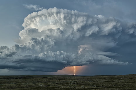 view of clouds and lightning, nature, landscape, clouds, lightning, storm, sky, field, plains, HD wallpaper HD wallpaper