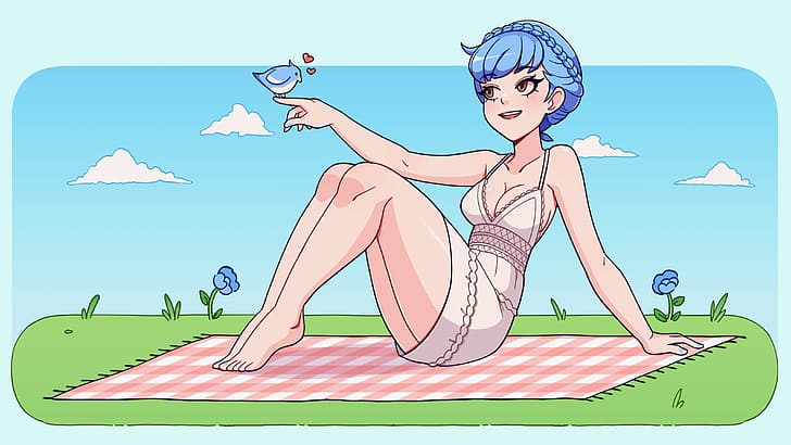 Fire Emblem, fire emblem three houses, marianne von edmund (Fire Emblem), Nintendo, animals, birds, blue flowers, blue hair, braids, bangs, barefoot, blankets, in blanket, picnic, clouds, boobs, big boobs, cleavage, dress, white dress, sun dress, brown eyes, heart (design), legs, thighs, thighs together, sitting, grass, open mouth, on the ground, outdoors, women outdoors, video games, video game girls, toes, knees, knees together, HD wallpaper