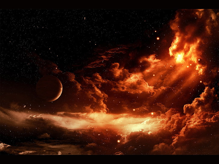 ท้องฟ้าสีดำและสีแดงในเวลากลางคืนอวกาศเมฆศิลปะอวกาศดาวเคราะห์ศิลปะดิจิทัล, วอลล์เปเปอร์ HD