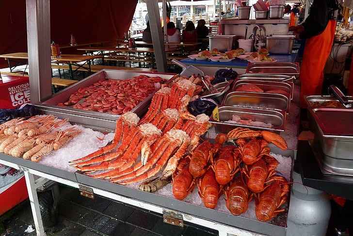 bergen, crabes, poissons, homards, marché, norvège, Fond d'écran HD