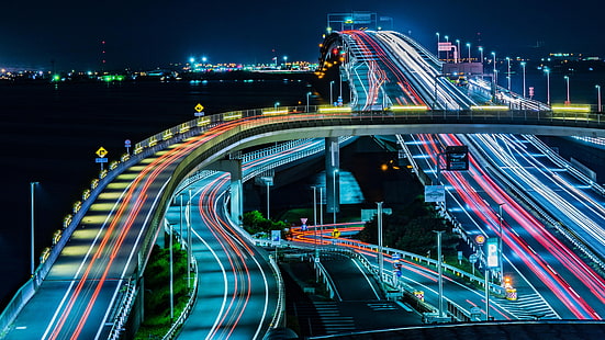 道路、長時間露光、長時間露光写真、写真、中島、海ほたる島、東京湾、夜、競馬場、陸橋、インターチェンジ、ライトトレイル、交通、東京、アジア、日本、都市、都市、首都圏、長時間露光写真、トンネル、橋、高速道路、高速道路、高速道路、アクアライン、 HDデスクトップの壁紙 HD wallpaper