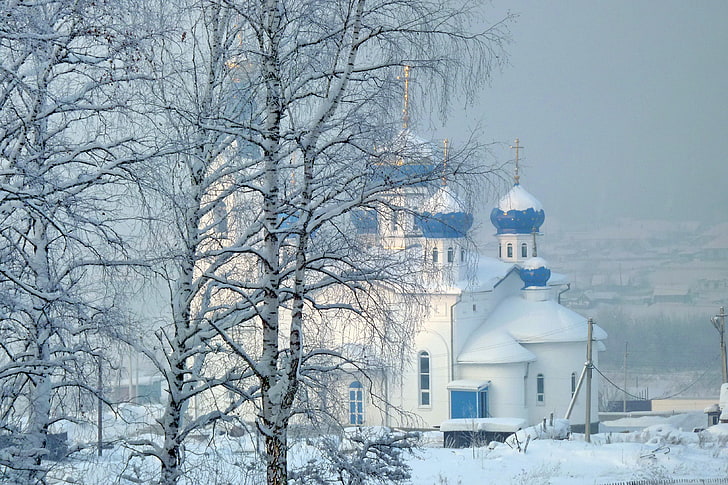 white and blue cathedral with cross finial, winter, snow, Church, HD wallpaper