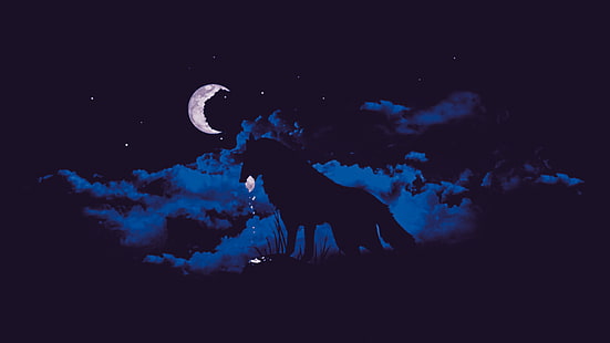 силуэт волка, волк, лунный свет, облака, луна, фэнтези арт, ночь, произведение искусства, HD обои HD wallpaper
