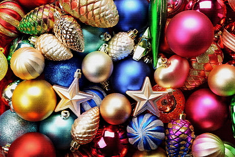 盛り合わせクリスマス安物の宝石ロット、装飾、ボール、星、クリスマス、カラフル、バンプ、新年、装飾、 HDデスクトップの壁紙 HD wallpaper