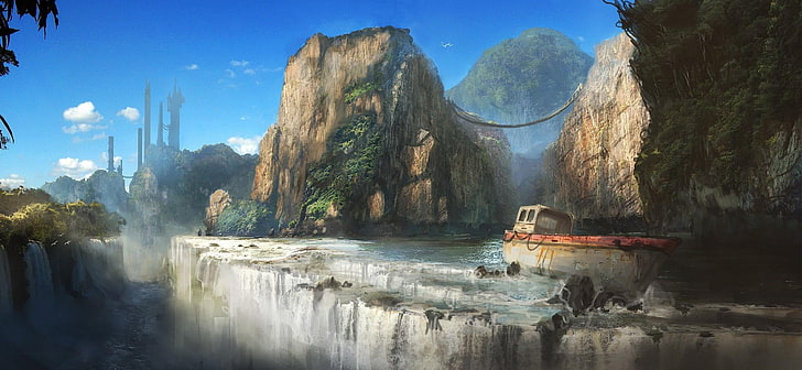 île et cascades peinture, bateau, rocher, falaise, cascade, gratte-ciel, Fond d'écran HD