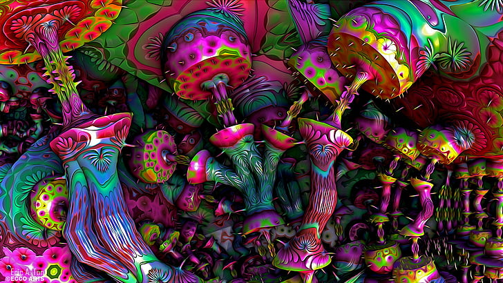 Art, mushrooms, mushroom, mushroom house, tree, psychedelic art, graphics,  HD wallpaper | Wallpaperbetter
