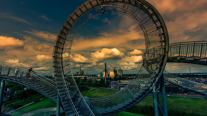 roller coaster track, arsitektur, kota, bangunan, jembatan, Jerman, HDR, awan, rumput, pohon, cityscape, surealis, pembangkit listrik, Wallpaper HD