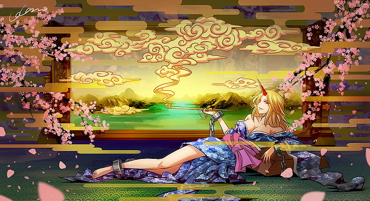 blonde, blossoms, cherry, cleavage, clothes, eyes, hair, handcuffs, horns, hoshiguma, japanese, kimono, madcocoon, red, signed, smoking, touhou, yuugi, HD wallpaper