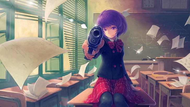 svarthårig kvinnlig anime karaktär illustration, animeflickor, skolflicka, skoluniform, vapen, pistol, skola, kjol, pistol, kort hår, strumpor, HD tapet