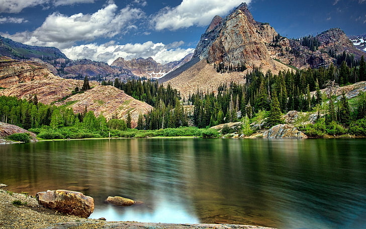 green tress, louds, lake, rocks, mountains, HD wallpaper