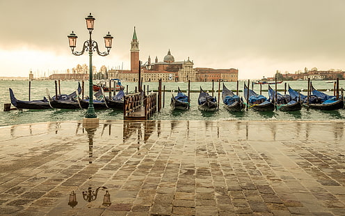 ヴェネツィア、イタリア、サンジョルジョマッジョーレ、桟橋、ボート、海、家、ヴェネツィア、イタリア、桟橋、ボート、海、家、 HDデスクトップの壁紙 HD wallpaper