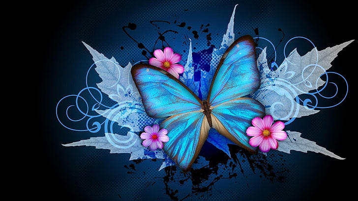 butterfly, digital art, fantasy art, blue, dream, flower, graphics, graphic design, HD wallpaper