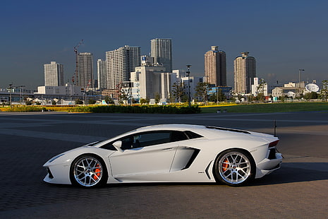 white sports car, car, Lamborghini, Lamborghini Aventador, white, white cars, vehicle, cityscape, HD wallpaper HD wallpaper