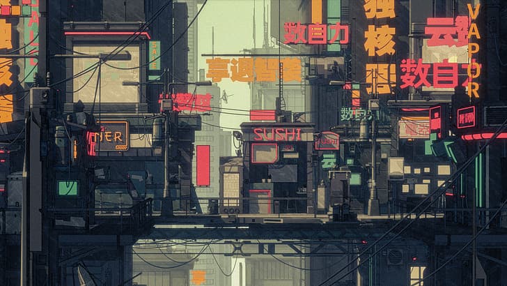 Cyberpunk, Stadt, Lichter, Illustration, digitale Kunst, urban, Gebäude, Anime, futuristisch, Science-Fiction, Japan, Werbung, HD-Hintergrundbild