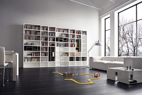 train toy set, white, design, sofa, interior, library, modern, furniture, racks, HD wallpaper HD wallpaper