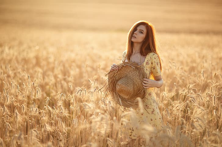 wheat, Girl, hat, dress, red, Sergey Sorokin, Daria Kostina, HD wallpaper