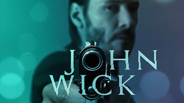 John Wick, 2015, movie, film, gun, blue, green, weapon, Keanu Reeves, Michael Nyqvist, Willem Dafoe, poster, HD wallpaper
