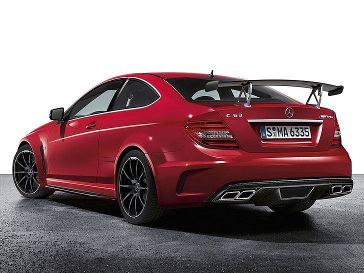 red Mercedes-Benz coupe, red, supercar, spoiler, mercedes-benz, Mercedes, rear view, coupe, wing, AMG, ц63, black series, c63, HD wallpaper